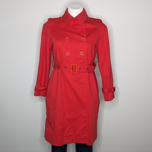 See By Chloe red belted collared cotton button closure trench coat jacket 6 - Picture 2 of 14